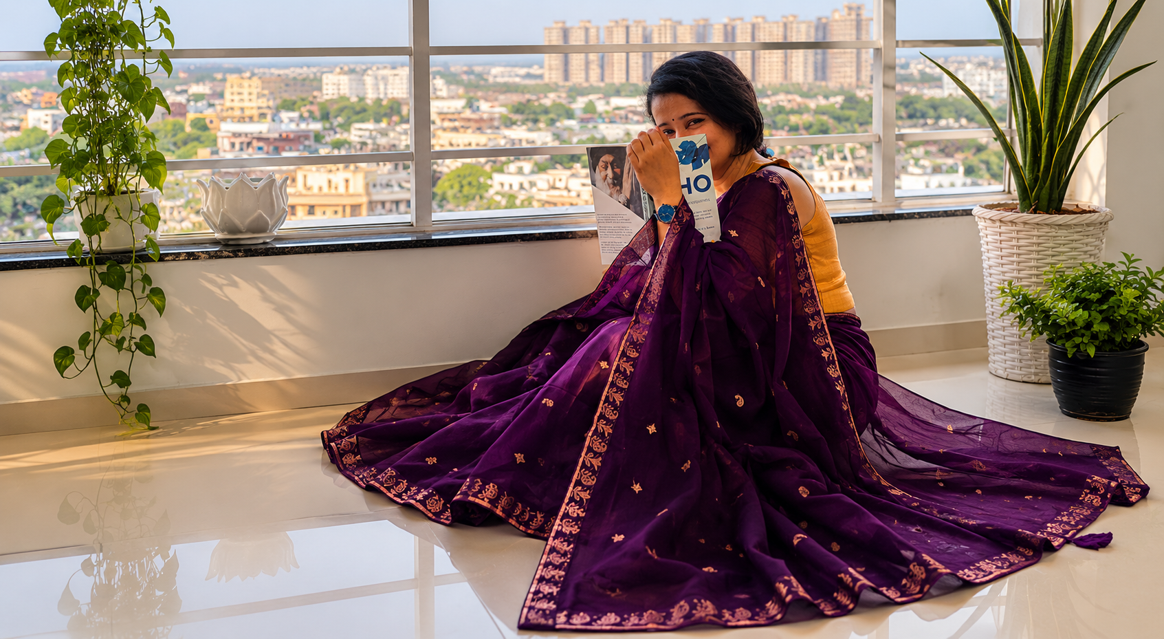 Editorial model in purple silk saree